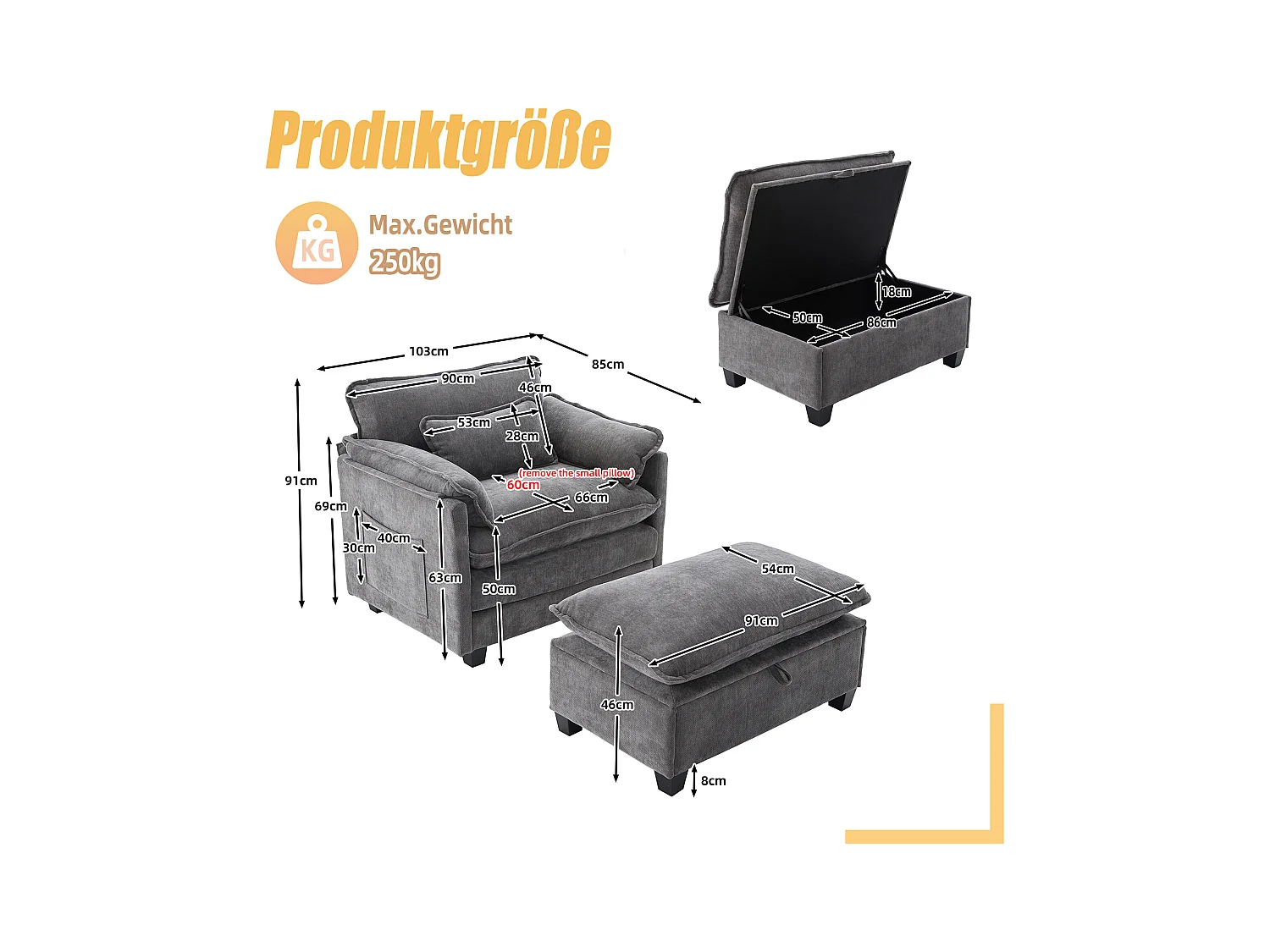 Sillón extragrande de chenilla con otomana, espacio de almacenamiento y cojines para sala de estar y dormitorio, color beige.