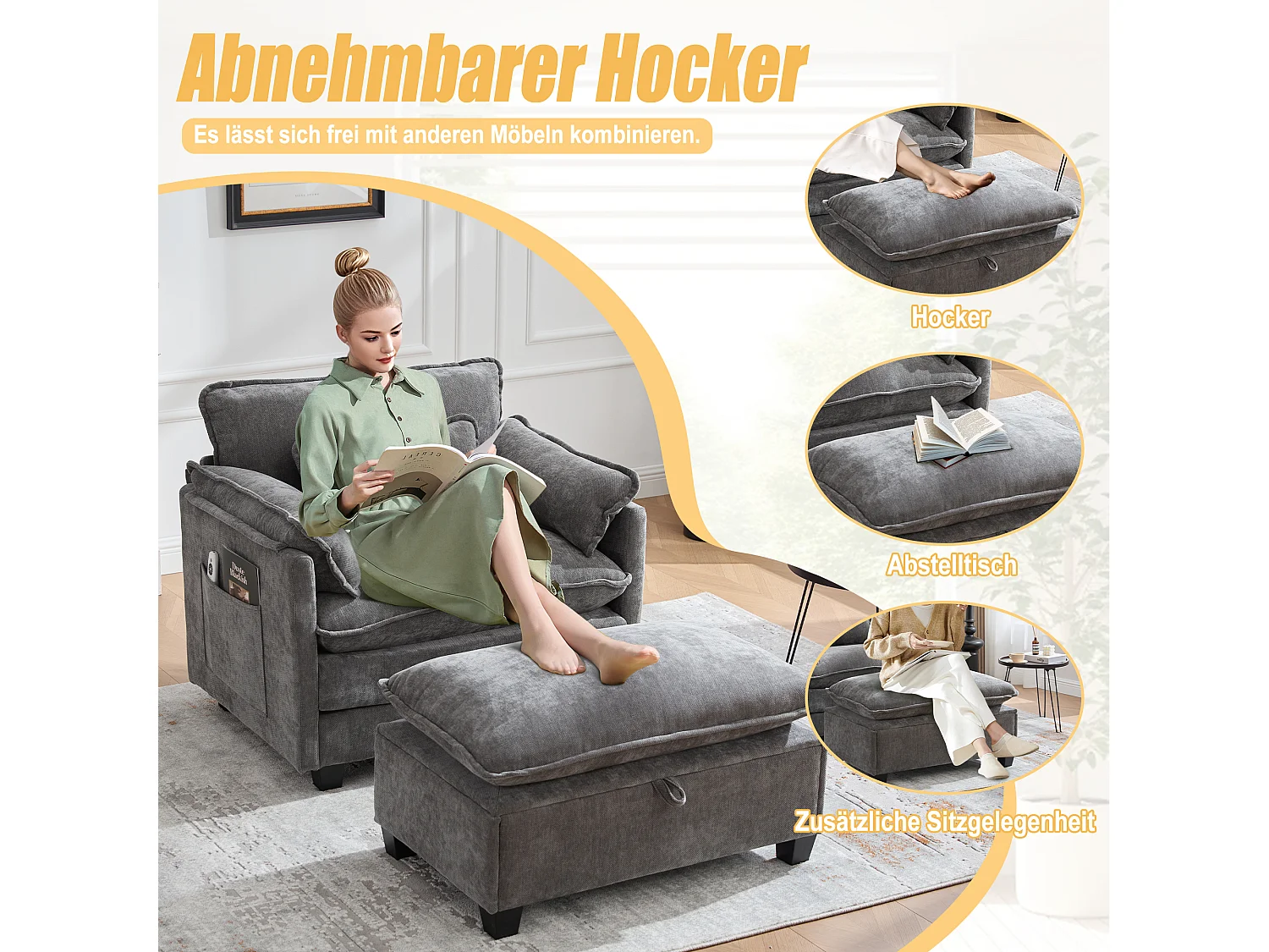 Sillón extragrande de chenilla con otomana, espacio de almacenamiento y cojines para sala de estar y dormitorio, color beige.