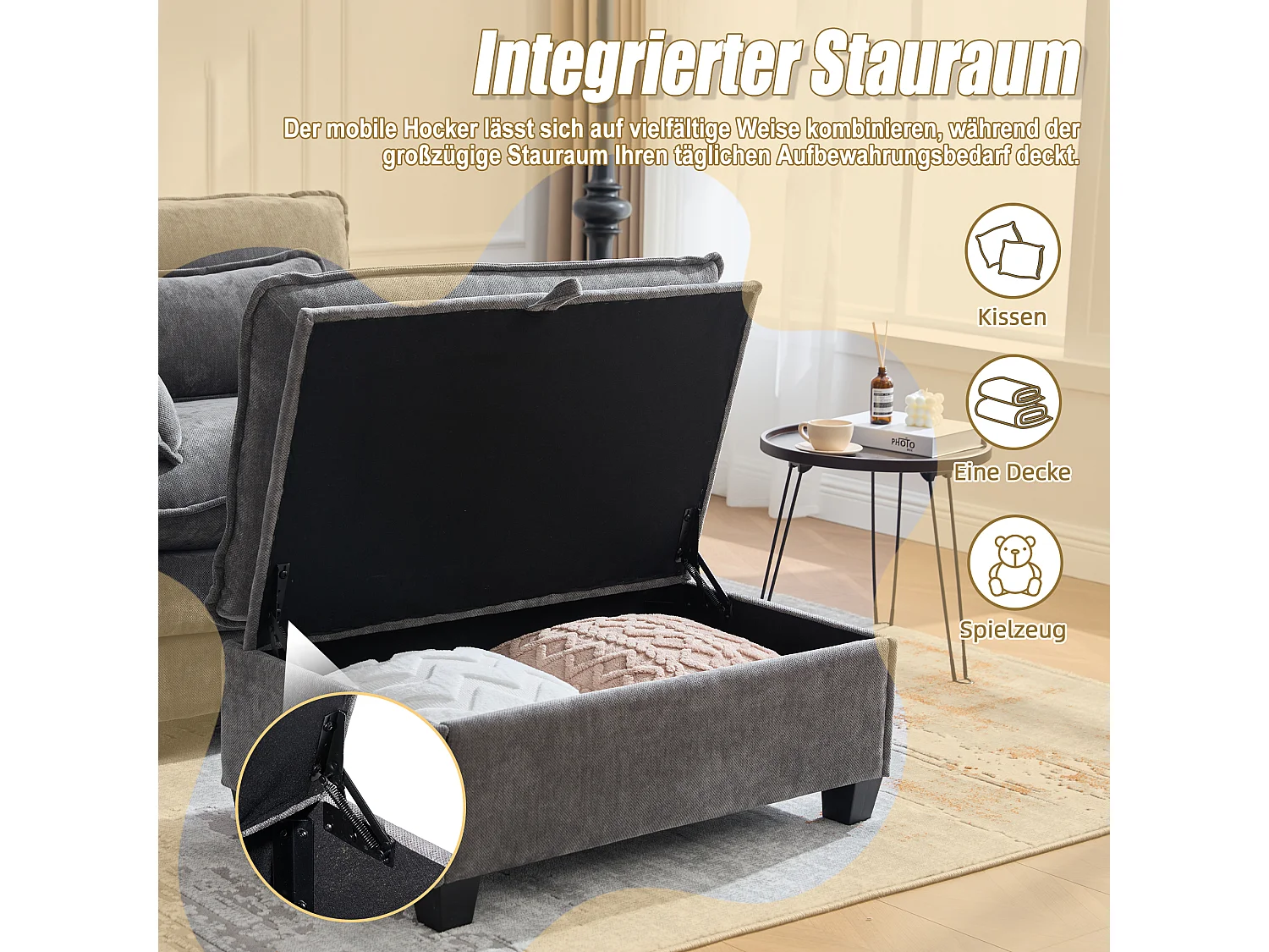 Sillón extragrande de chenilla con otomana, espacio de almacenamiento y cojines para sala de estar y dormitorio, color beige.