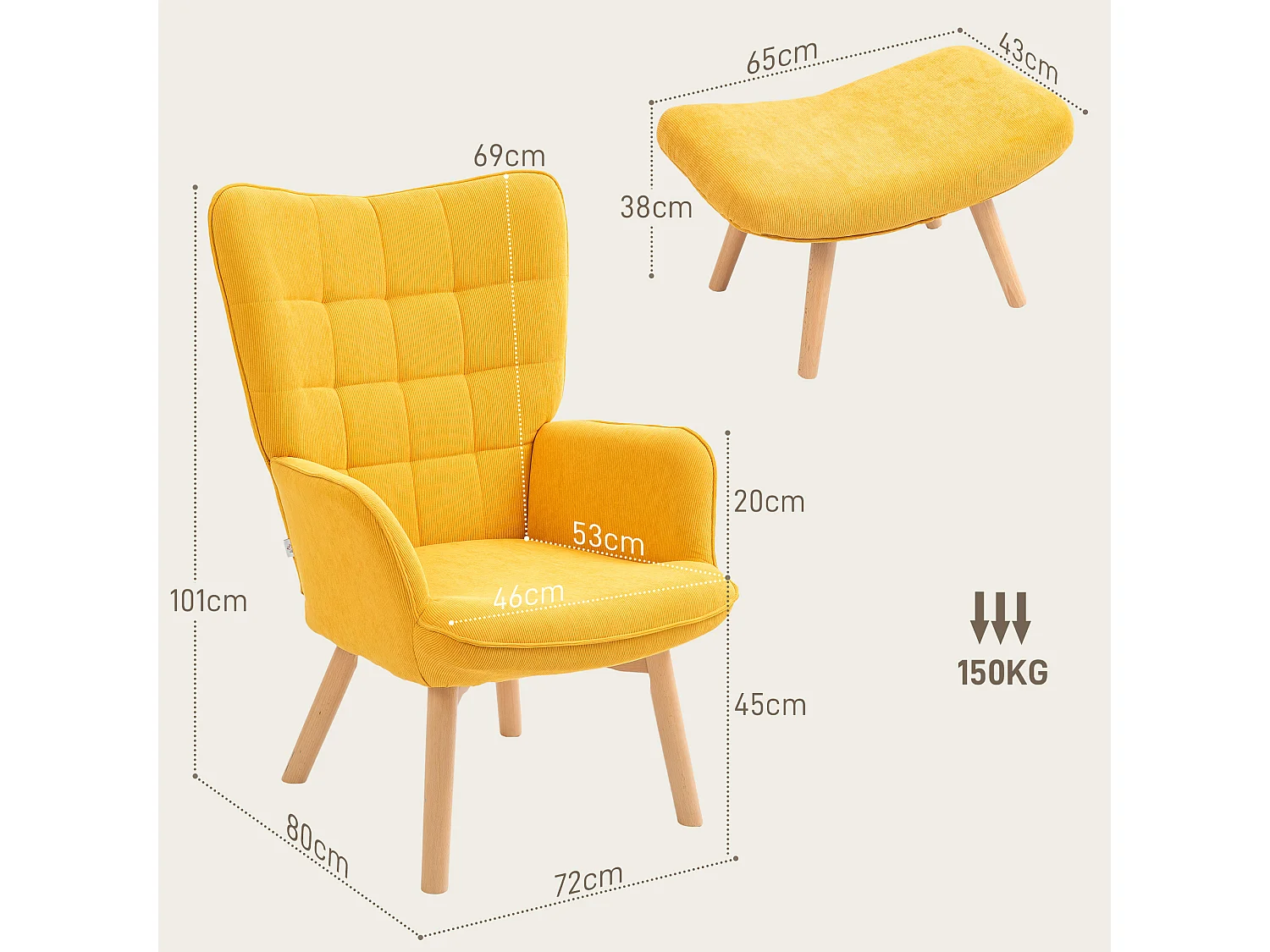 Sillón con cojín y puf de terciopelo, sillón para salón, oficina, madera naranja, 72 x 80 x 101 cm