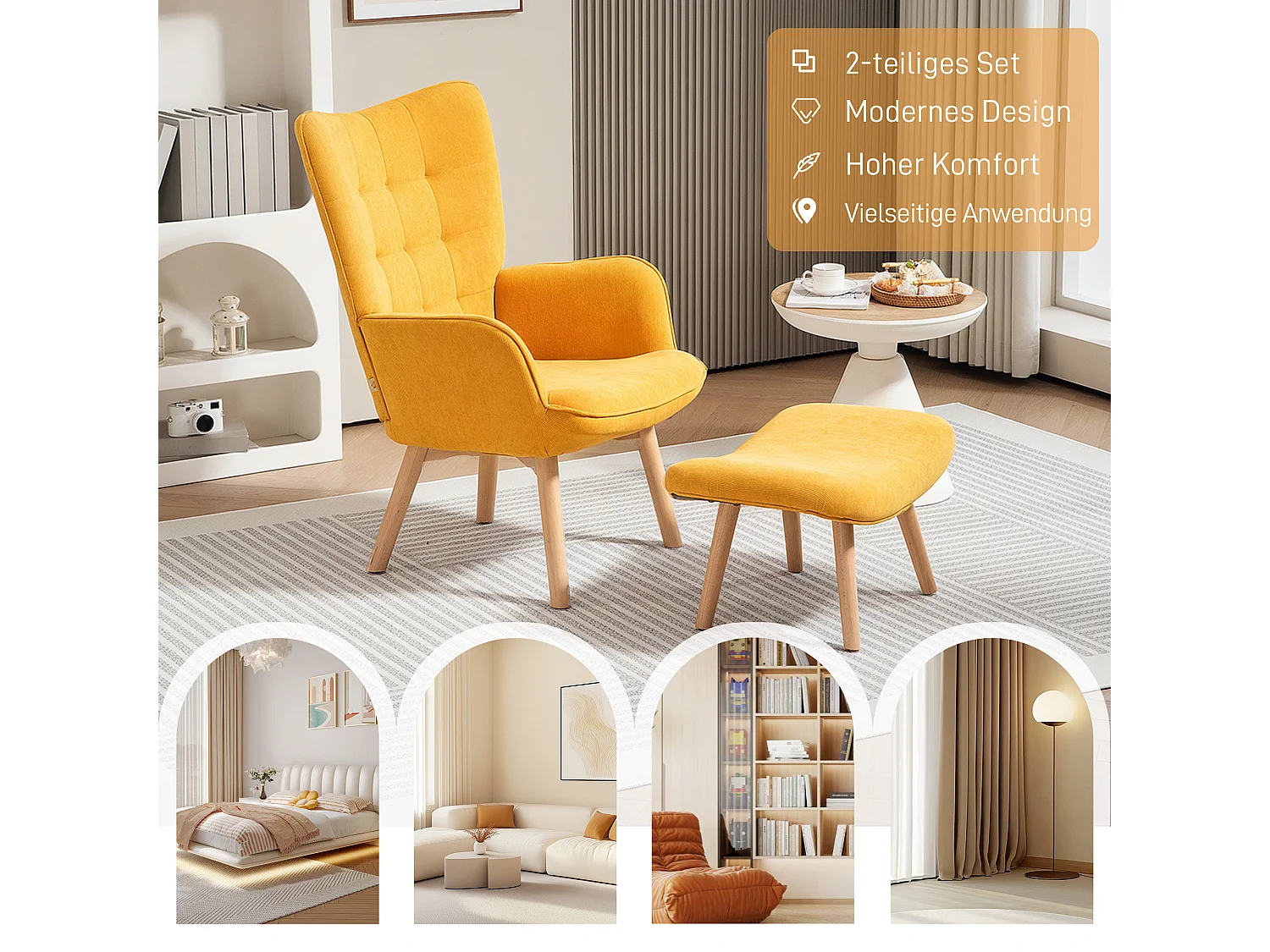 Sillón con cojín y puf de terciopelo, sillón para salón, oficina, madera naranja, 72 x 80 x 101 cm