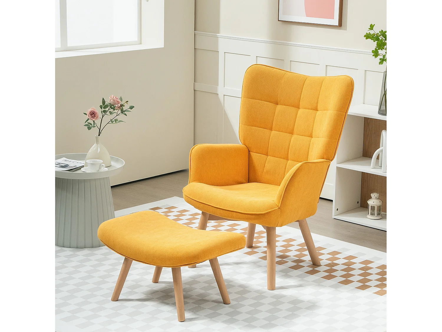 Fauteuil oreiller avec pouf velours chaise lounge salon bureau bois orange 72 x 80 x 101 cm