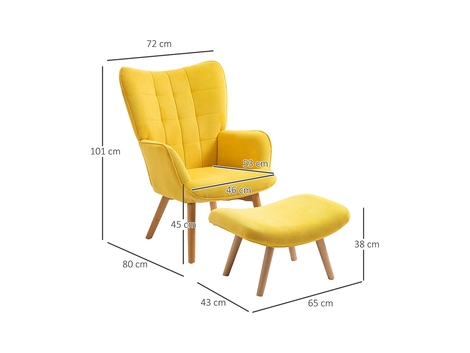 Fauteuil lounge con pouf in tessuto velours jaune chaise oreille pivotante salon 72x80x101 cm