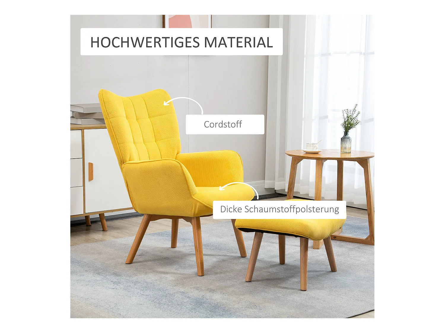 Fauteuil lounge con pouf in tessuto velours jaune chaise oreille pivotante salon 72x80x101 cm