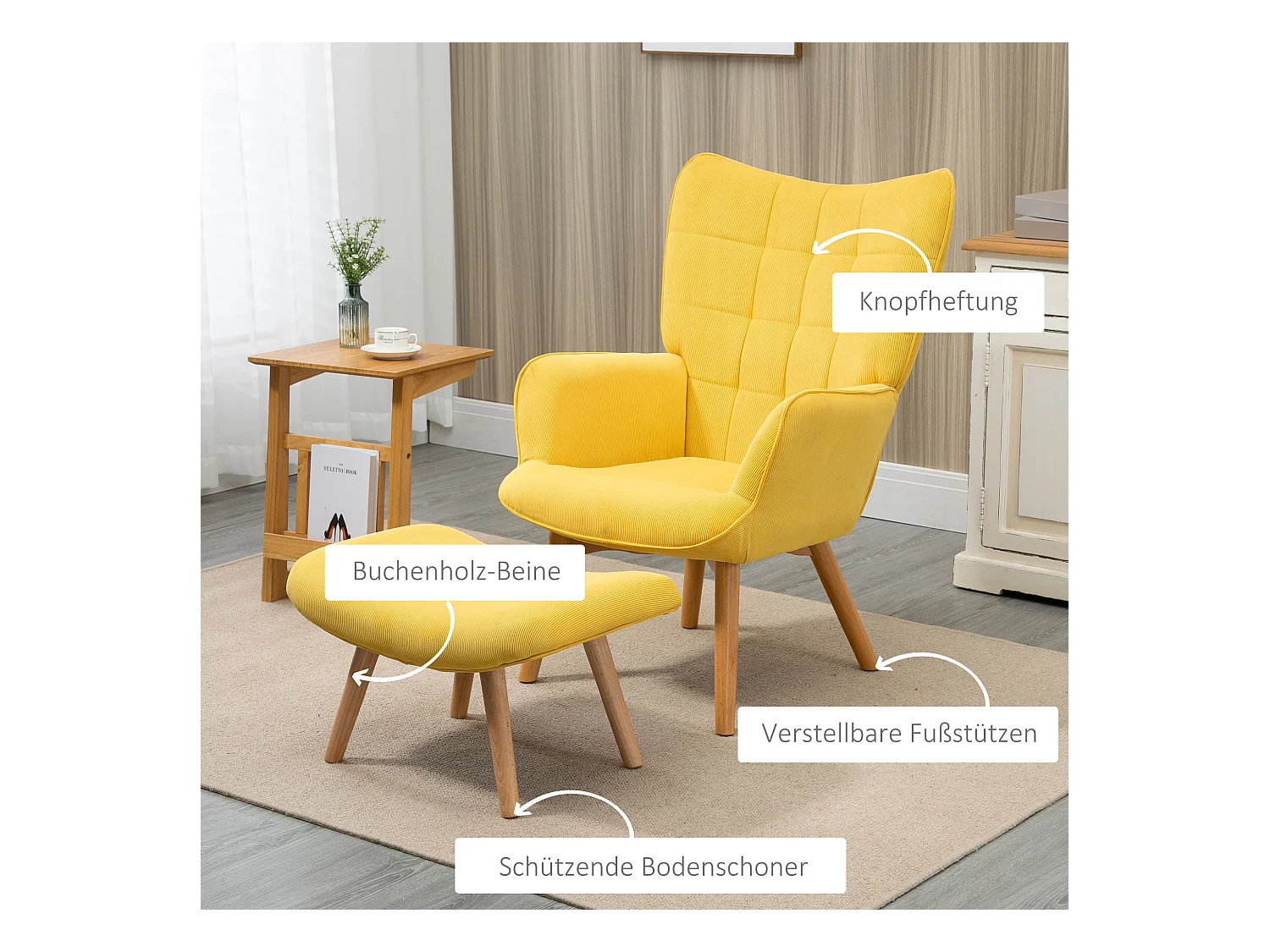 Fauteuil lounge con pouf in tessuto velours jaune chaise oreille pivotante salon 72x80x101 cm