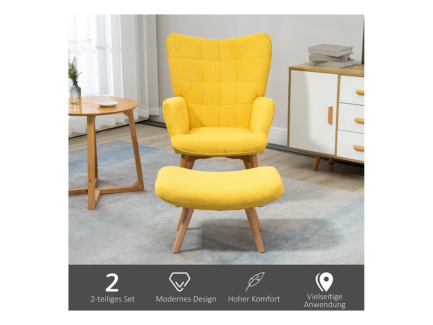 Fauteuil lounge con pouf in tessuto velours jaune chaise oreille pivotante salon 72x80x101 cm