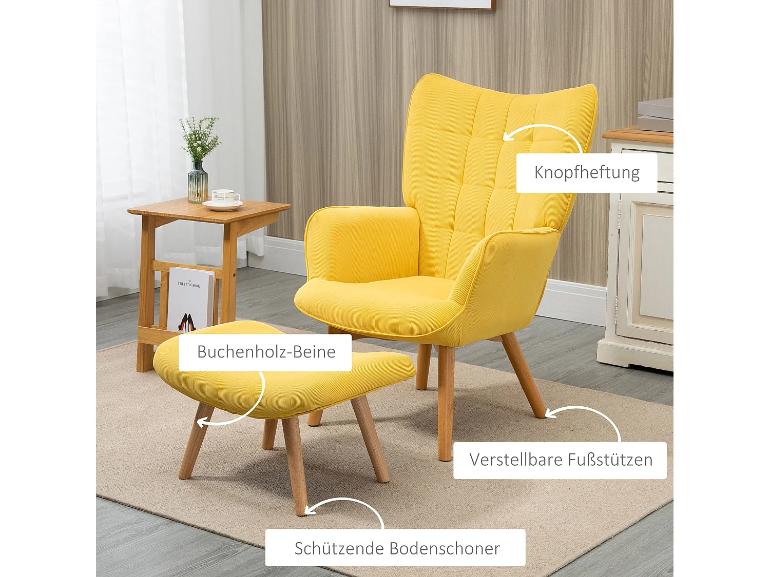 Sillón con puf giratorio de terciopelo amarillo para salón, 72x80x101 cm