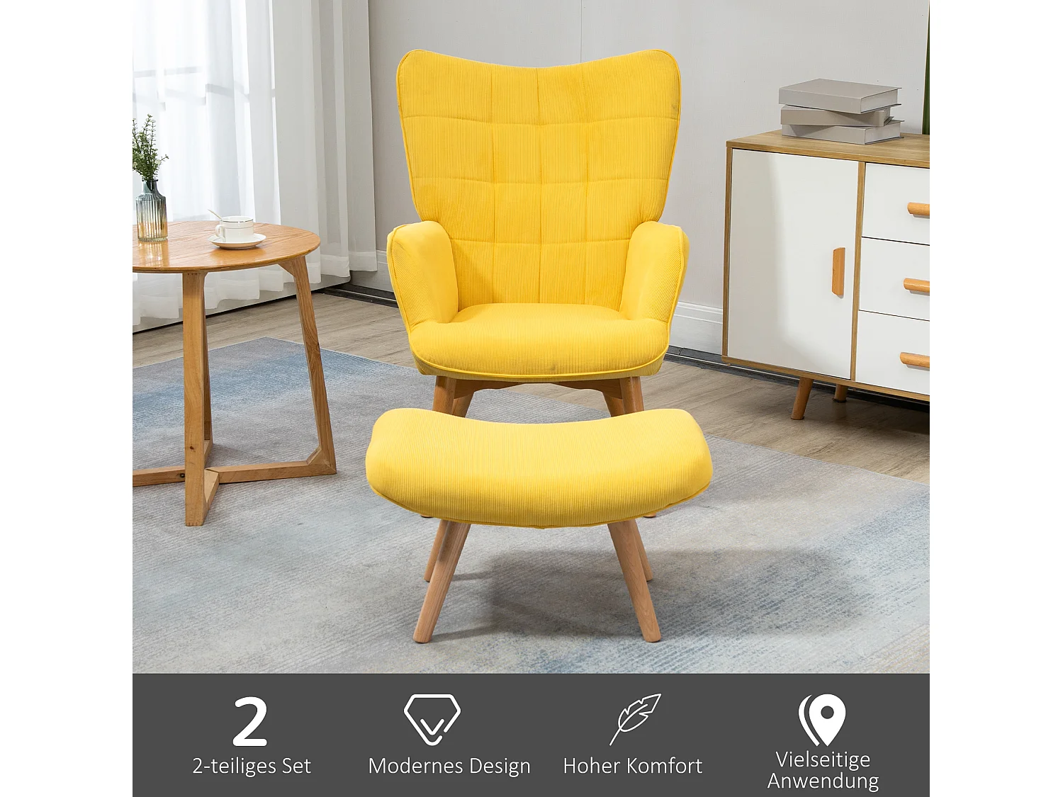 Sillón con puf giratorio de terciopelo amarillo para salón, 72x80x101 cm