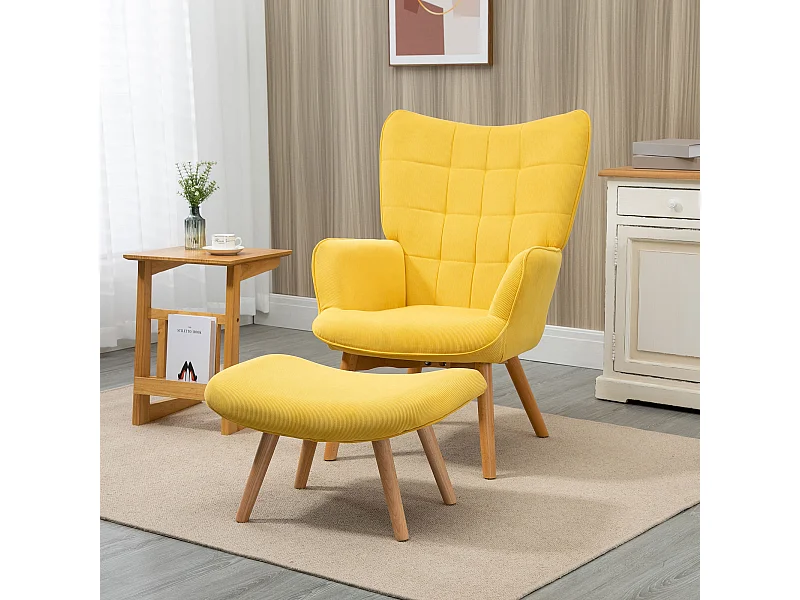 Sillón con puf giratorio de terciopelo amarillo para salón, 72x80x101 cm