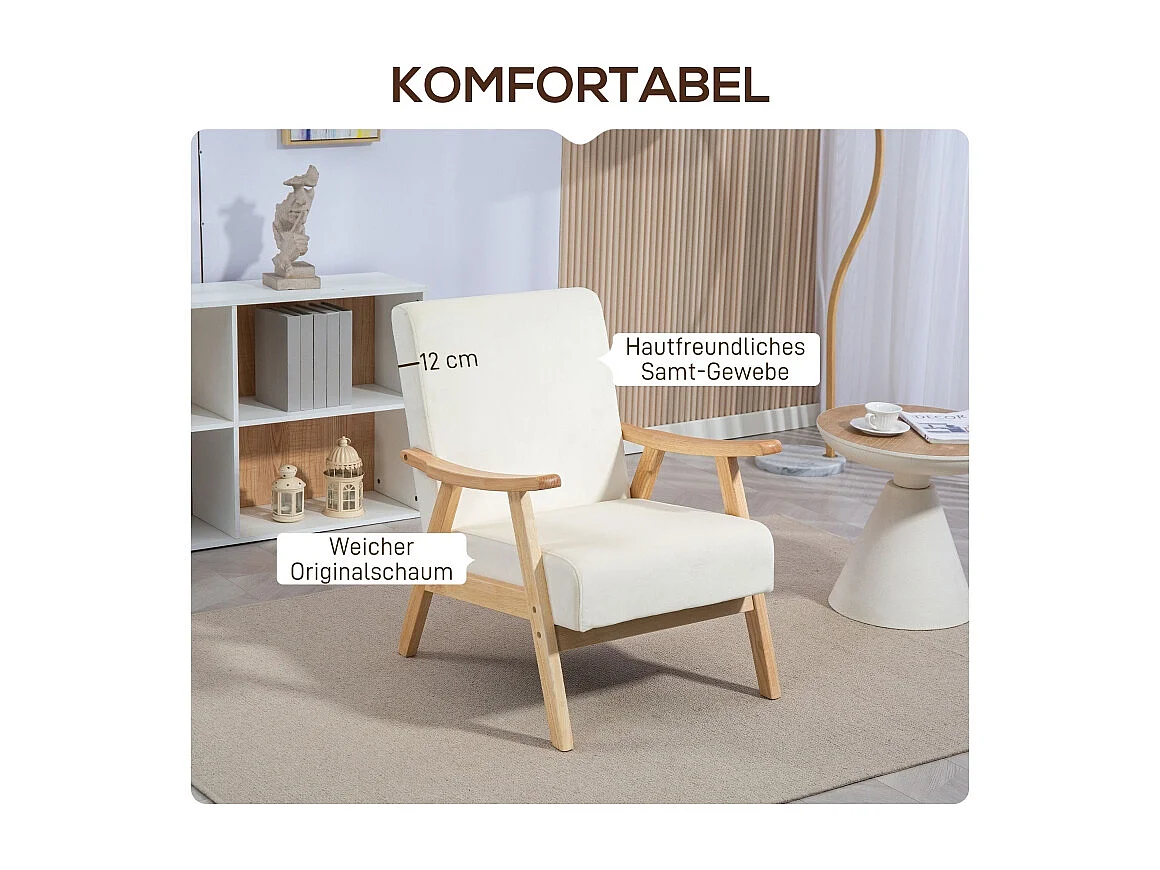 Sillón de terciopelo con reposabrazos y asiento acolchado para salón, dormitorio, color crema.