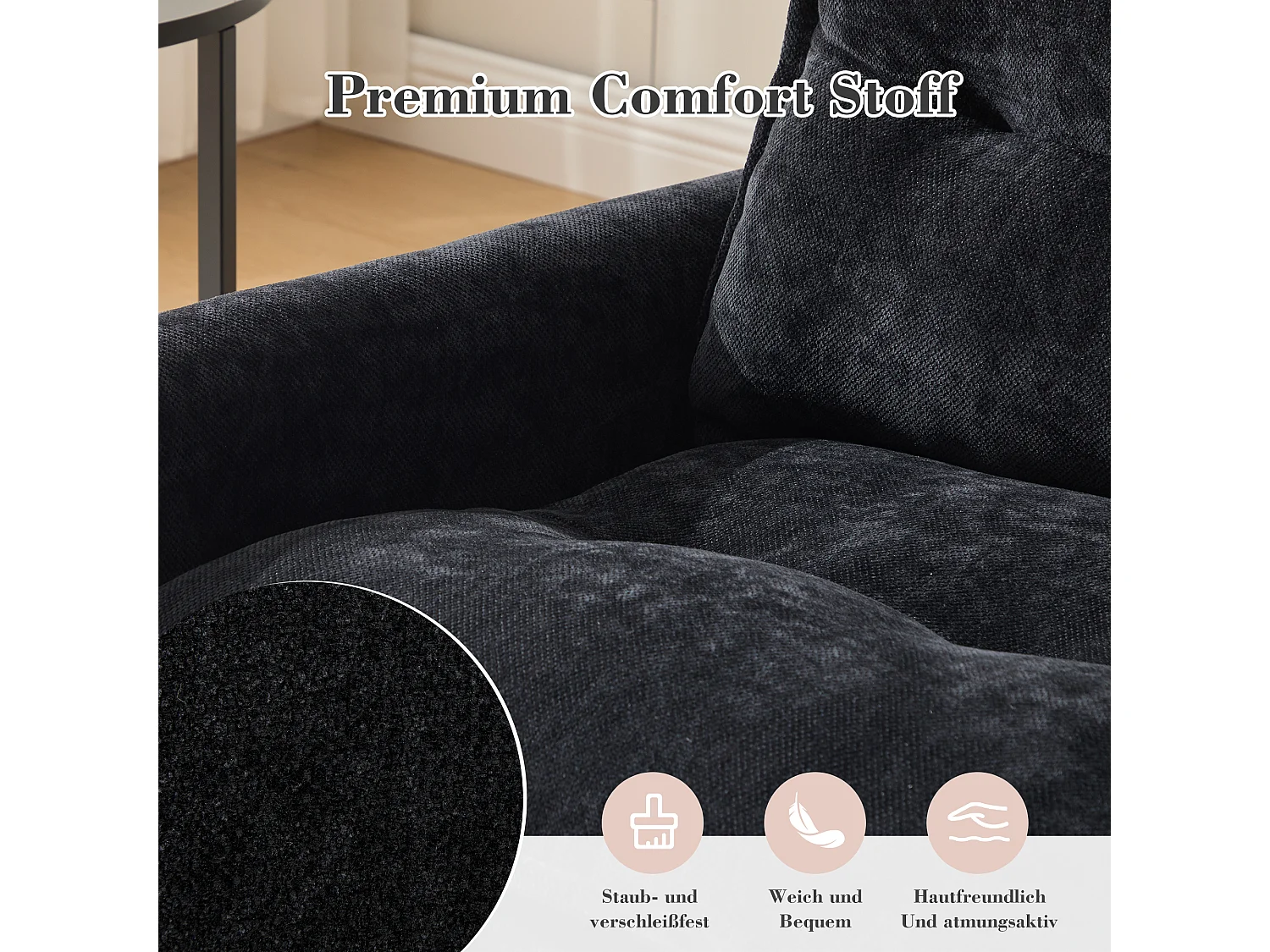 Sillón giratorio de 360°, cómodo, de tela, con reposabrazos, para sala de estar, dormitorio, oficina, color negro