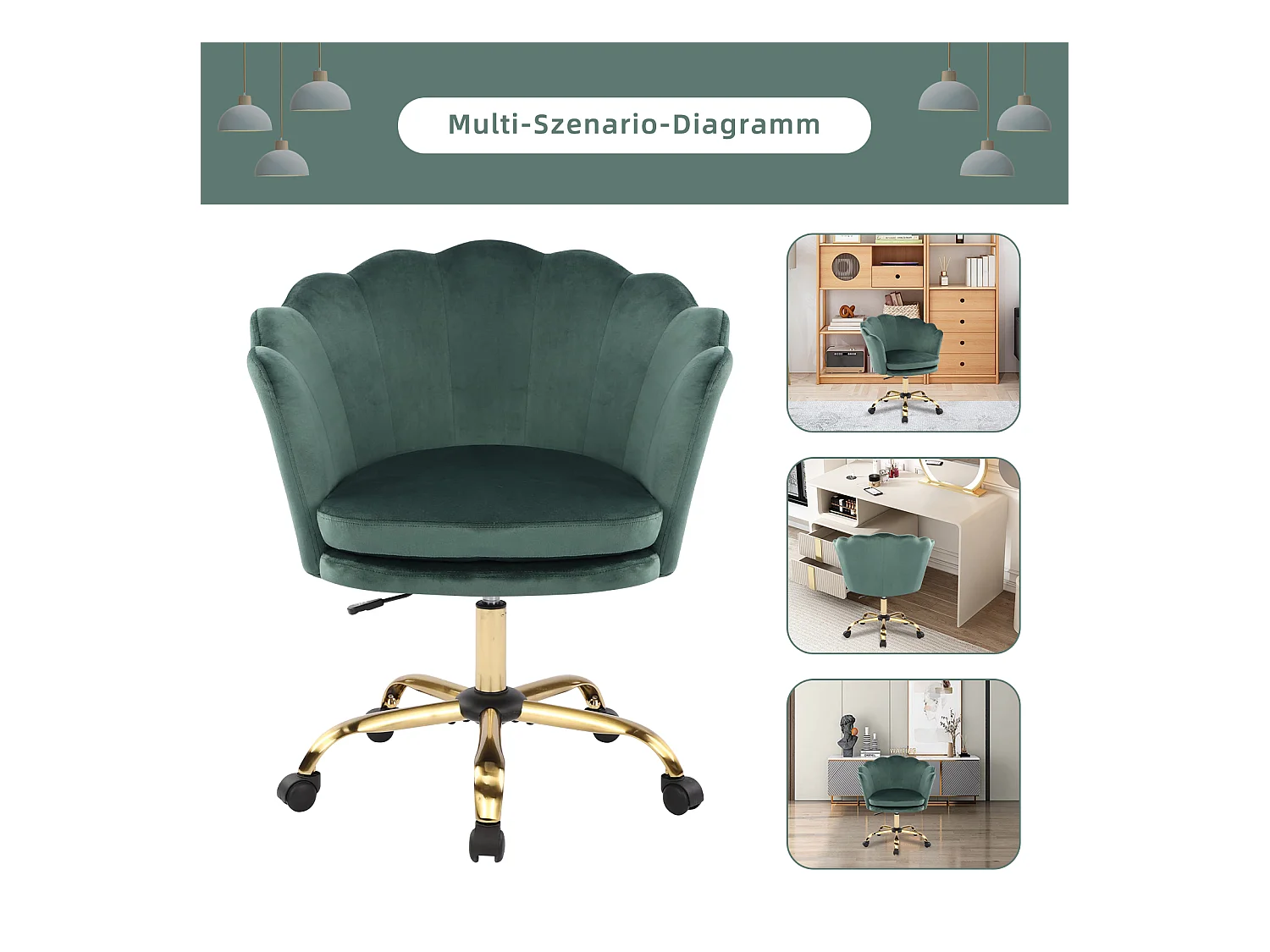 Chaise de Bureau velours pivotante réglable avec roulettes fauteuil maquillage vert et or