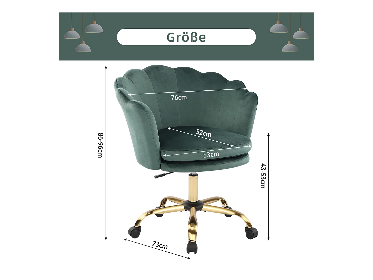 Chaise de Bureau velours pivotante réglable avec roulettes fauteuil maquillage vert et or