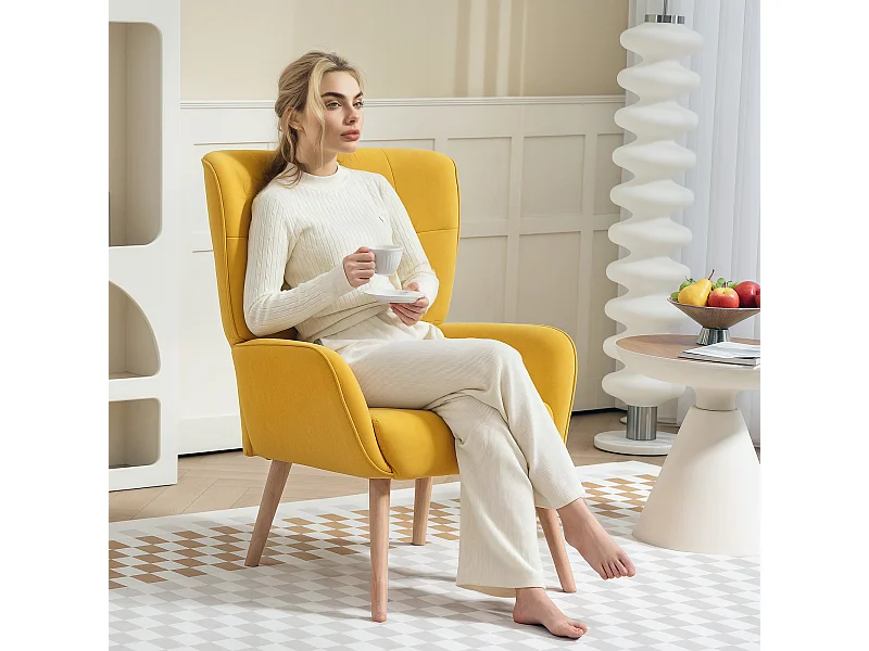 Fauteuil lounge velours avec pieds bois pour salon chambre lecture jaune confortable