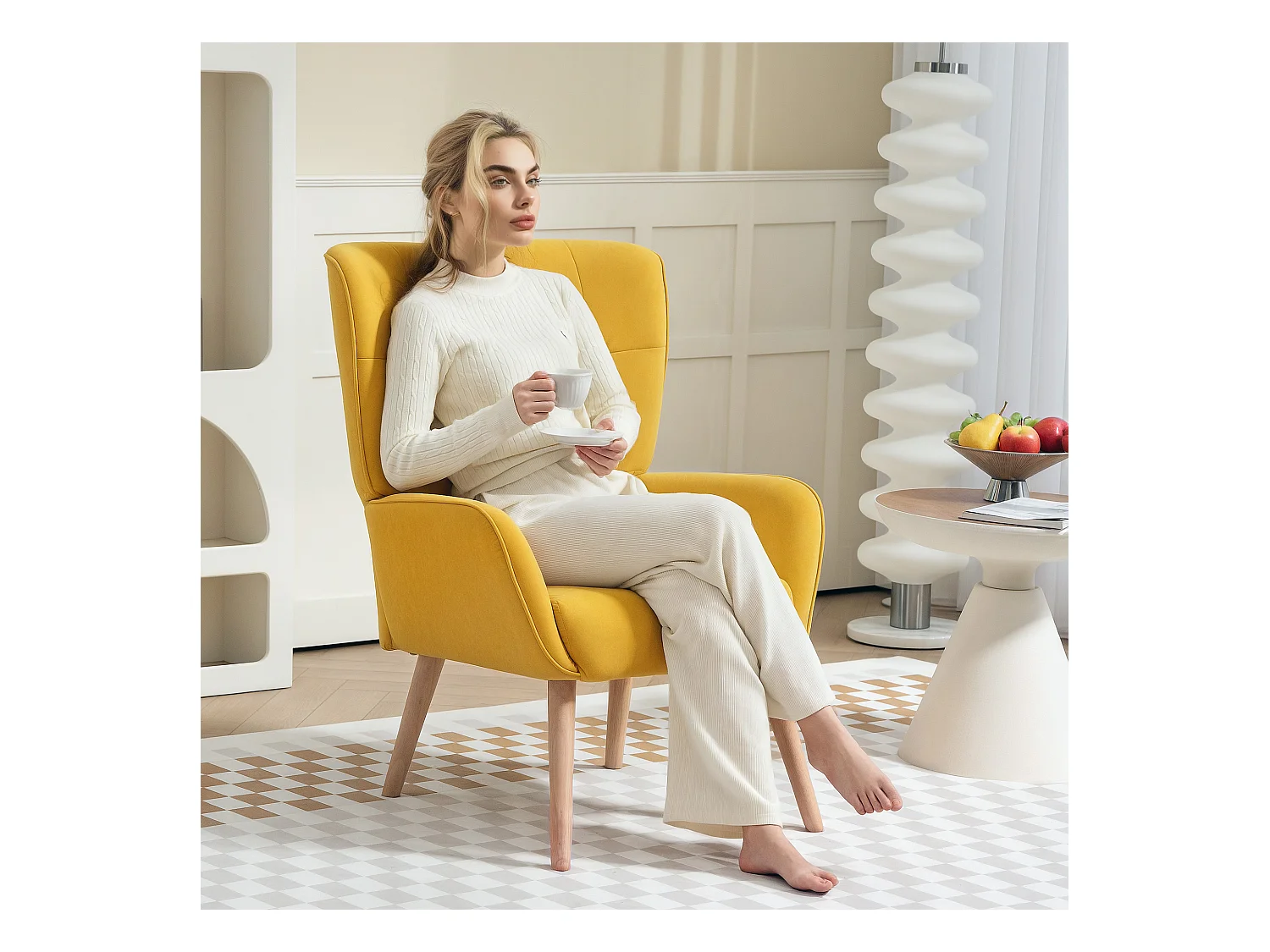 Sillón de terciopelo con patas de madera para sala de estar, dormitorio, lectura, cómodo amarillo