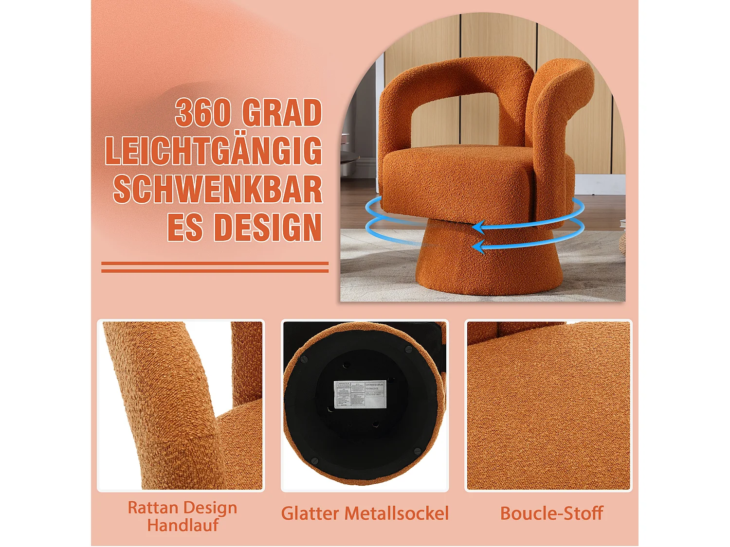 Fauteuil pivotant 360° chaise lounge bouclé confortevole salone camera da letto beige