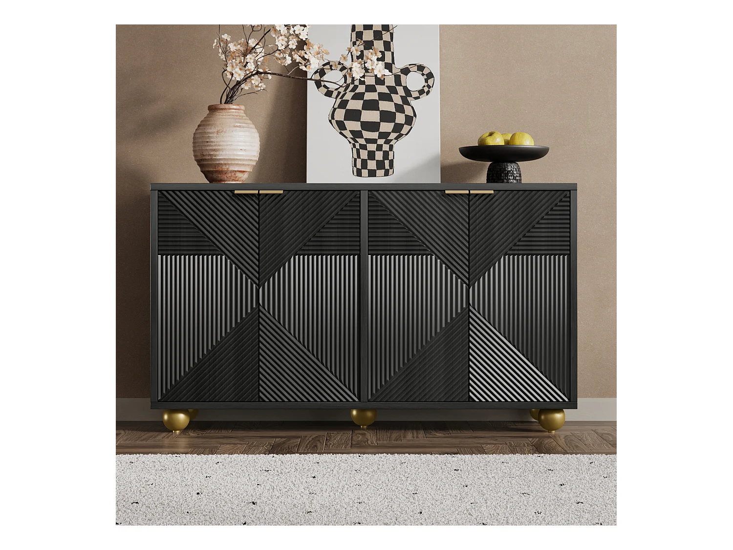 Aparador moderno em MDF preto 120 cm com 4 portas esculpidas para armazenamento na sala de estar e jantar