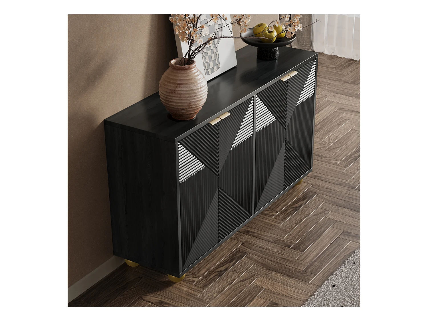Aparador moderno em MDF preto 120 cm com 4 portas esculpidas para armazenamento na sala de estar e jantar