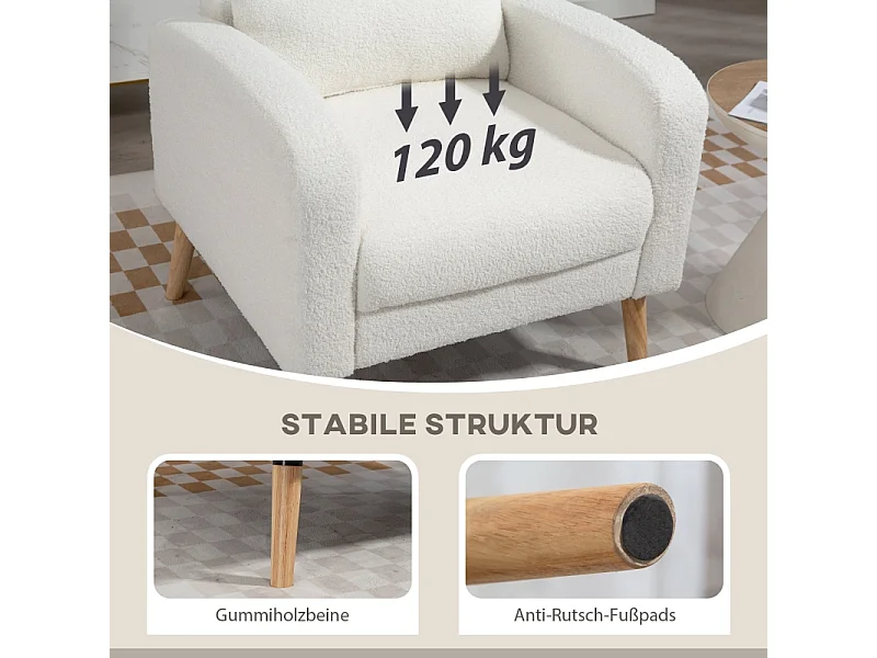 Sillón de vellón con cojín lumbar, asiento acolchado para sala de estar, dormitorio, color blanco