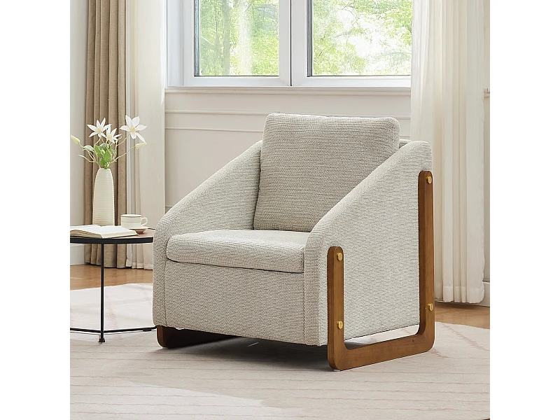Sillón de chenilla beige para salón o dormitorio, con reposabrazos de madera, 73,5 x 73,5 x 73,5 cm