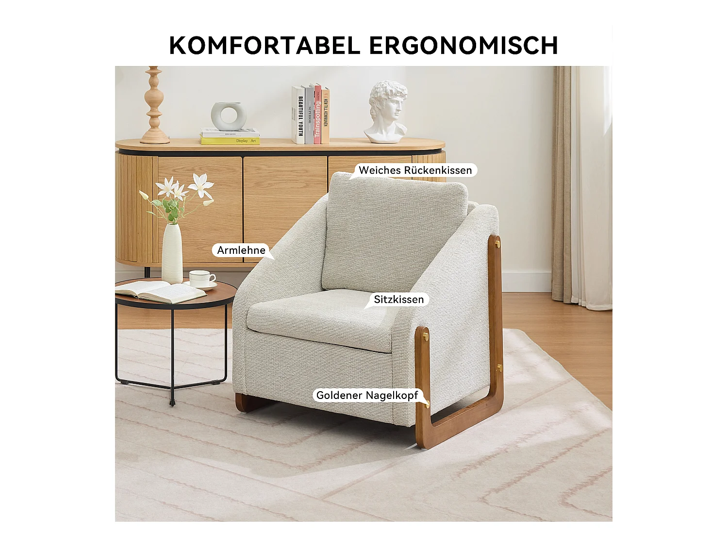 Sillón de chenilla beige para salón o dormitorio, con reposabrazos de madera, 73,5 x 73,5 x 73,5 cm