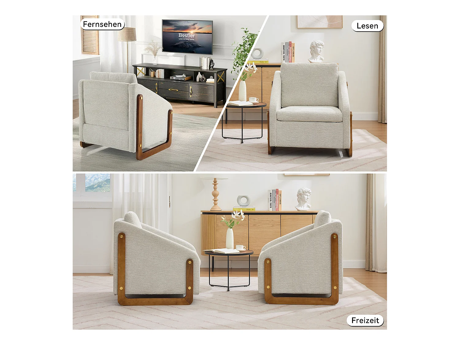 Sillón de chenilla beige para salón o dormitorio, con reposabrazos de madera, 73,5 x 73,5 x 73,5 cm