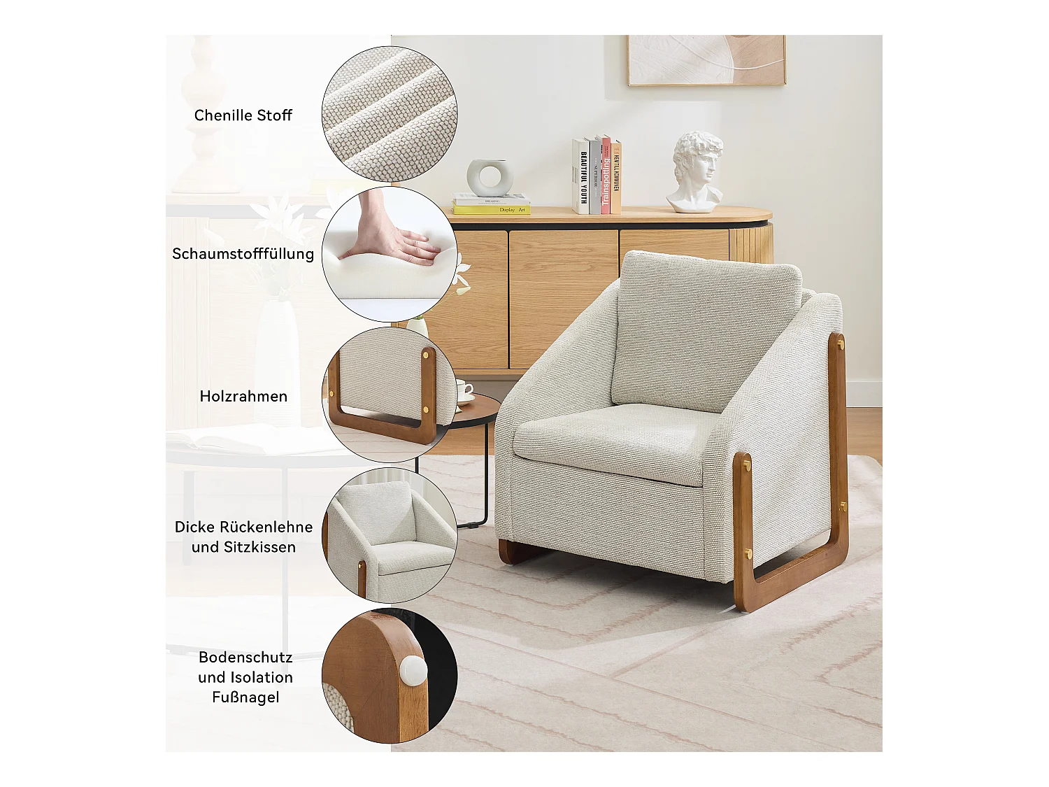 Sillón de chenilla beige para salón o dormitorio, con reposabrazos de madera, 73,5 x 73,5 x 73,5 cm