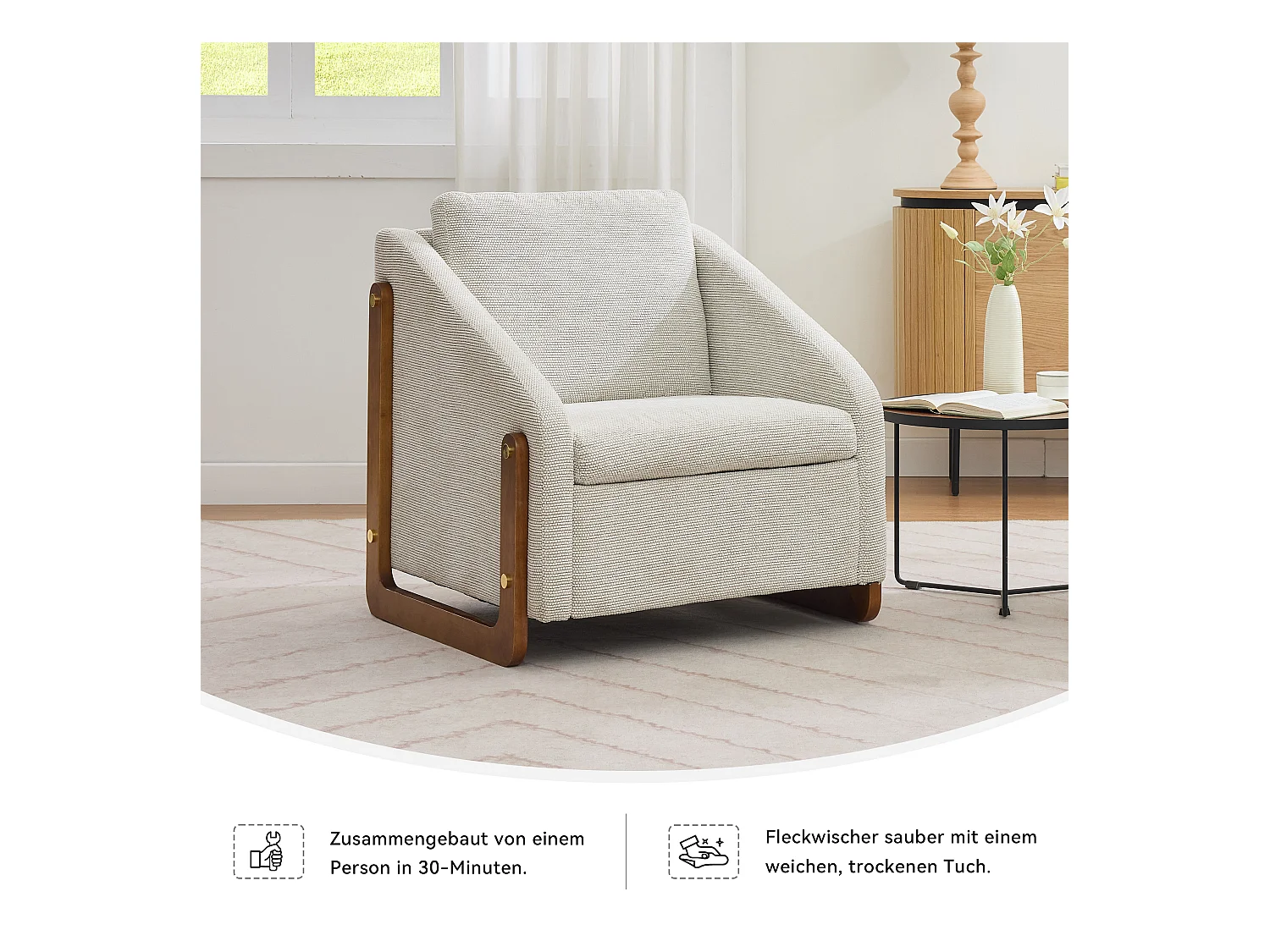 Sillón de chenilla beige para salón o dormitorio, con reposabrazos de madera, 73,5 x 73,5 x 73,5 cm