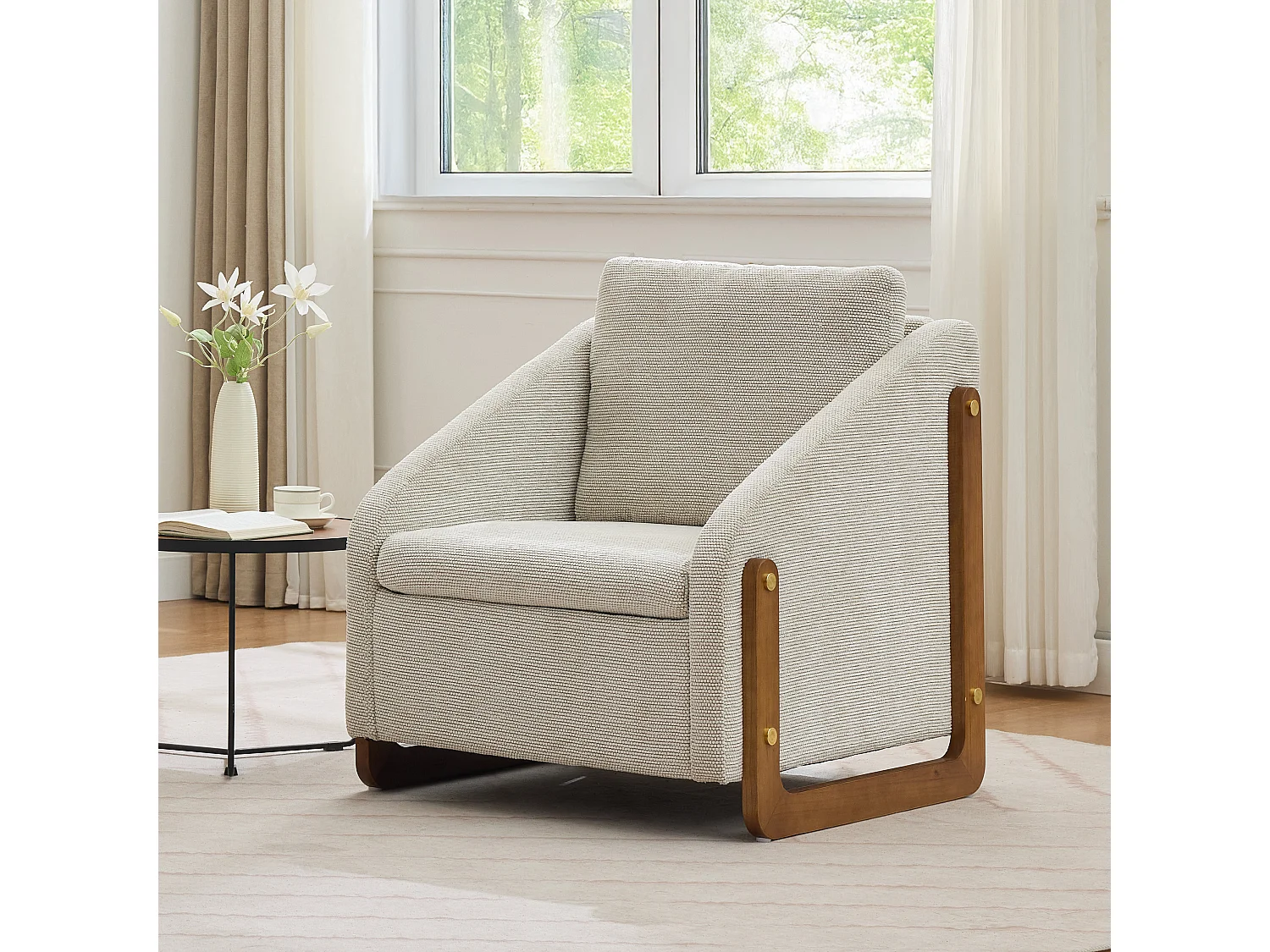 Fauteuil lounge chenille beige chaise salon chambre accoudoirs bois 73,5x73,5x73,5cm