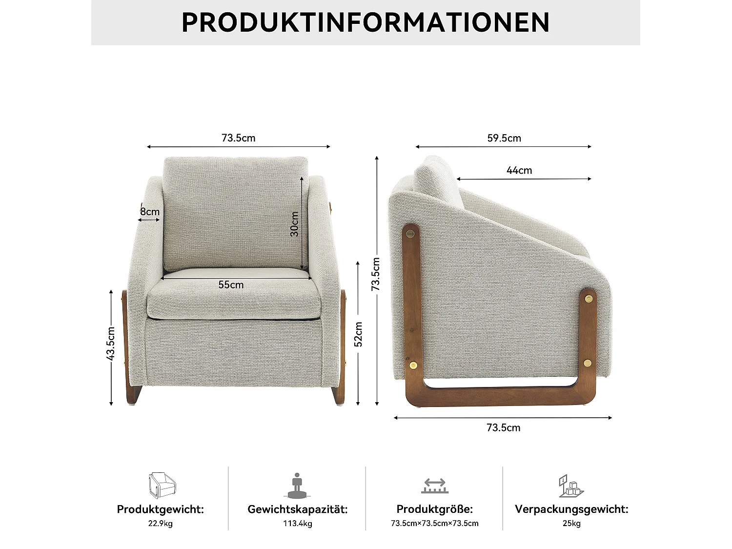 Fauteuil lounge chenille beige chaise salon chambre accoudoirs bois 73,5x73,5x73,5cm