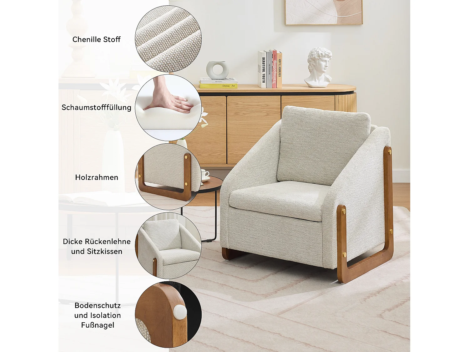 Fauteuil lounge chenille beige chaise salon chambre accoudoirs bois 73,5x73,5x73,5cm