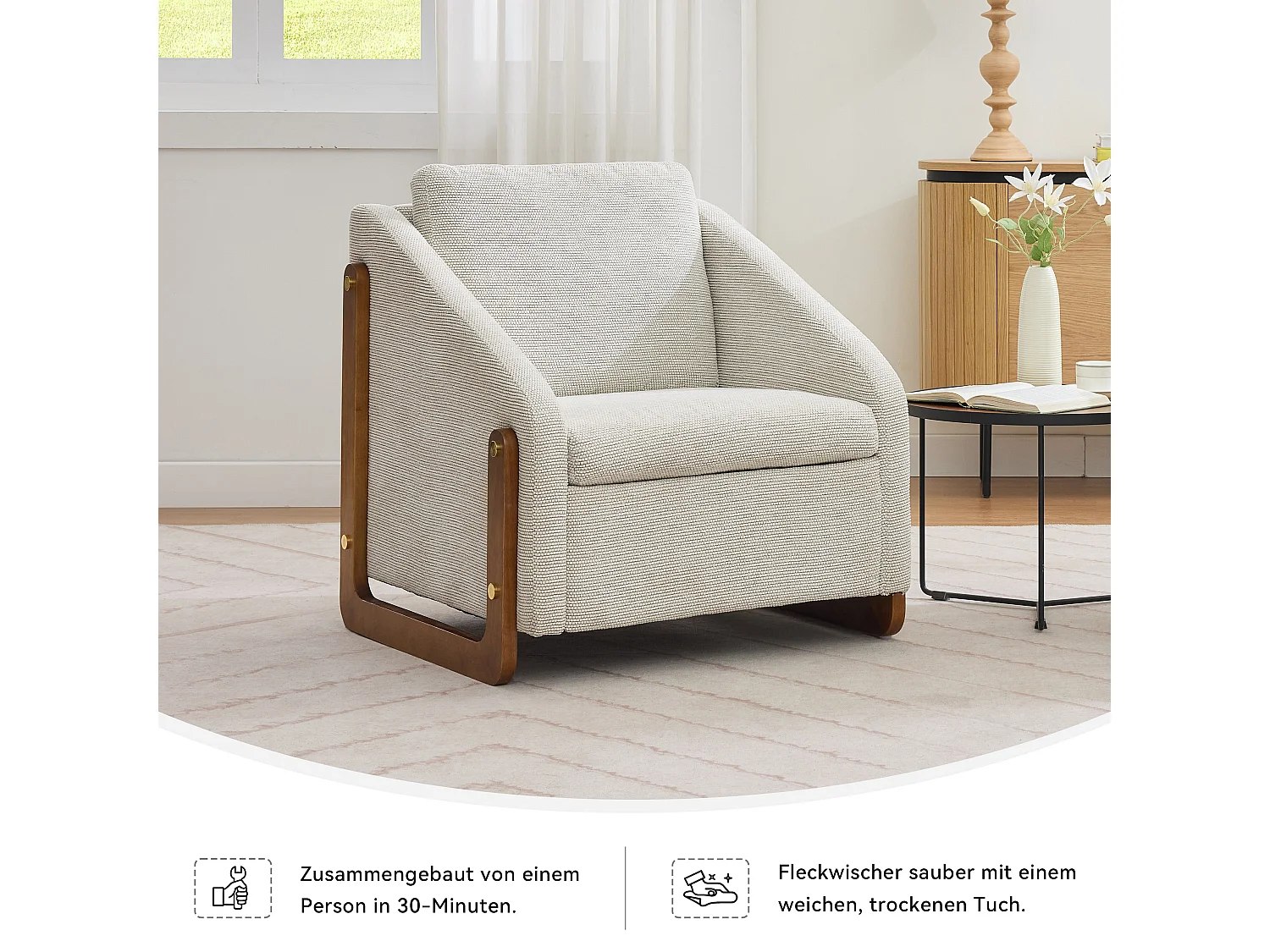 Fauteuil lounge chenille beige chaise salon chambre accoudoirs bois 73,5x73,5x73,5cm