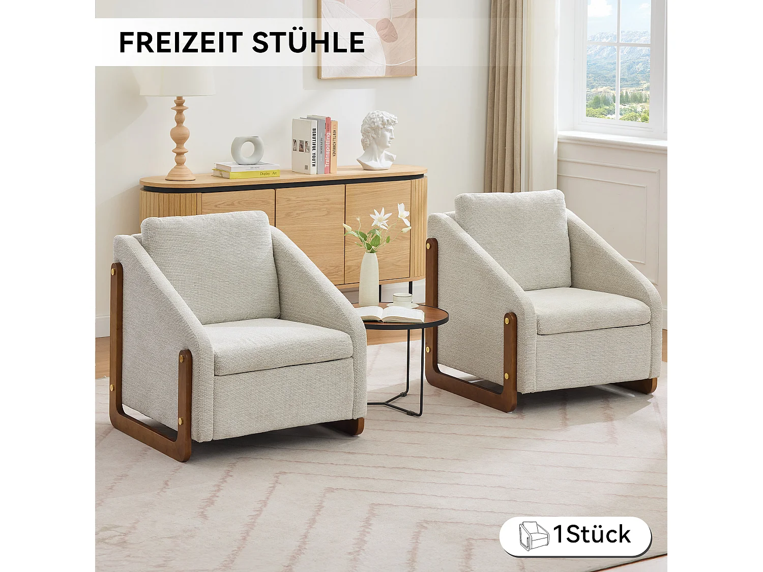 Fauteuil lounge chenille beige chaise salon chambre accoudoirs bois 73,5x73,5x73,5cm