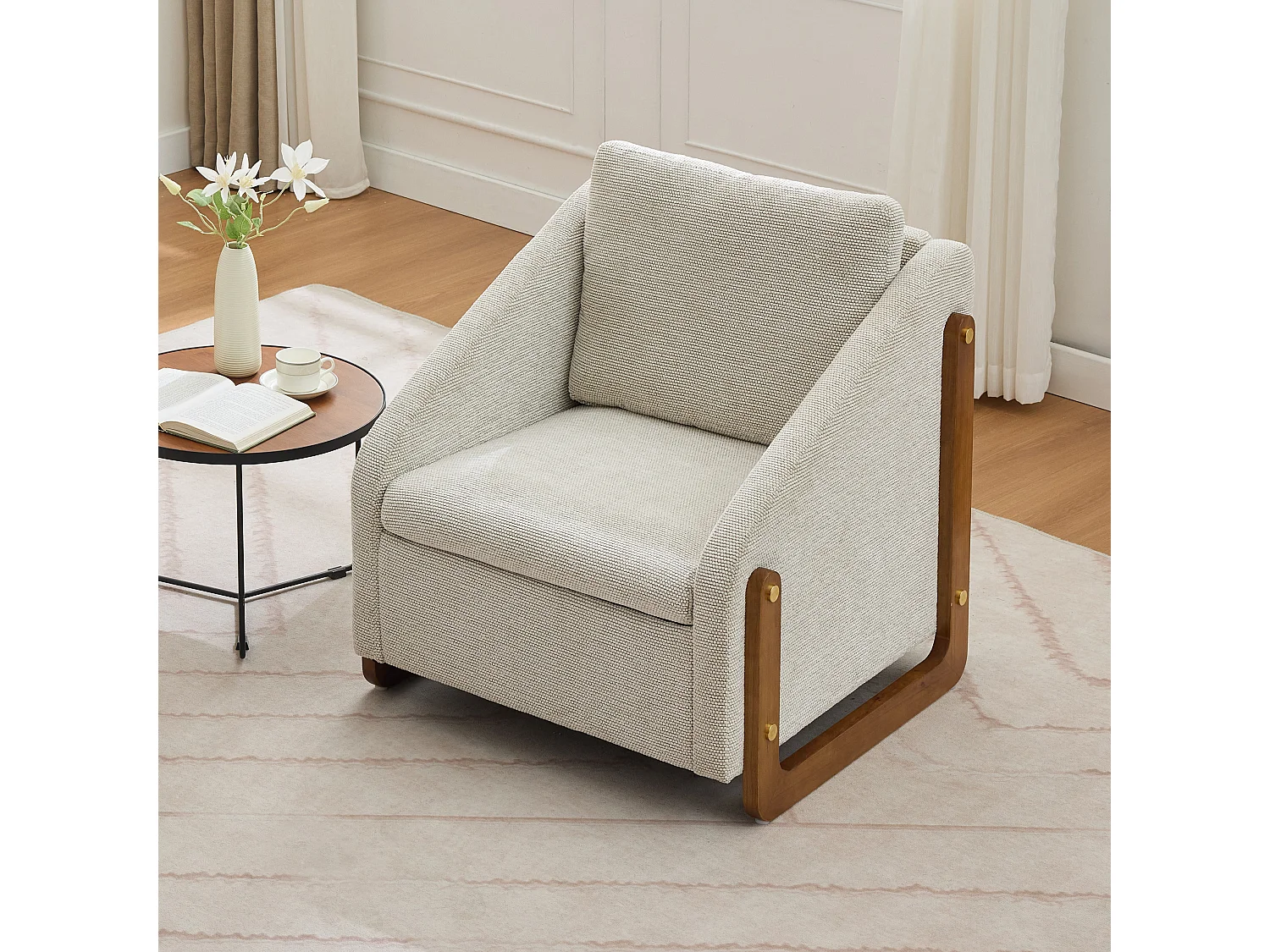 Fauteuil lounge chenille beige chaise salon chambre accoudoirs bois 73,5x73,5x73,5cm