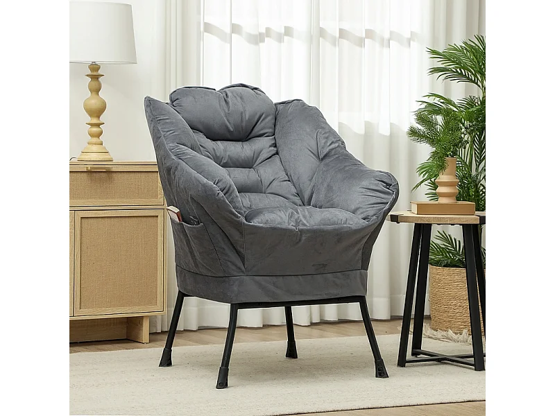 Sillón de terciopelo con bolsillos laterales y asiento acolchado para sala de estar y dormitorio en gris.