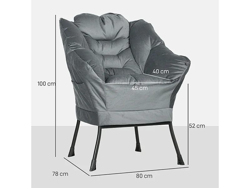 Sillón de terciopelo con bolsillos laterales y asiento acolchado para sala de estar y dormitorio en gris.