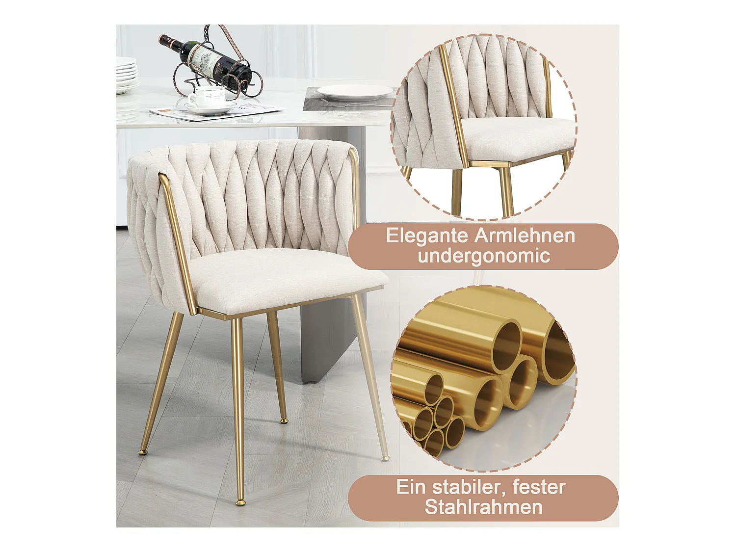 Chaise salle à manger 2 pezzi lin métal design lounge salone cucina ELFEINBEIN