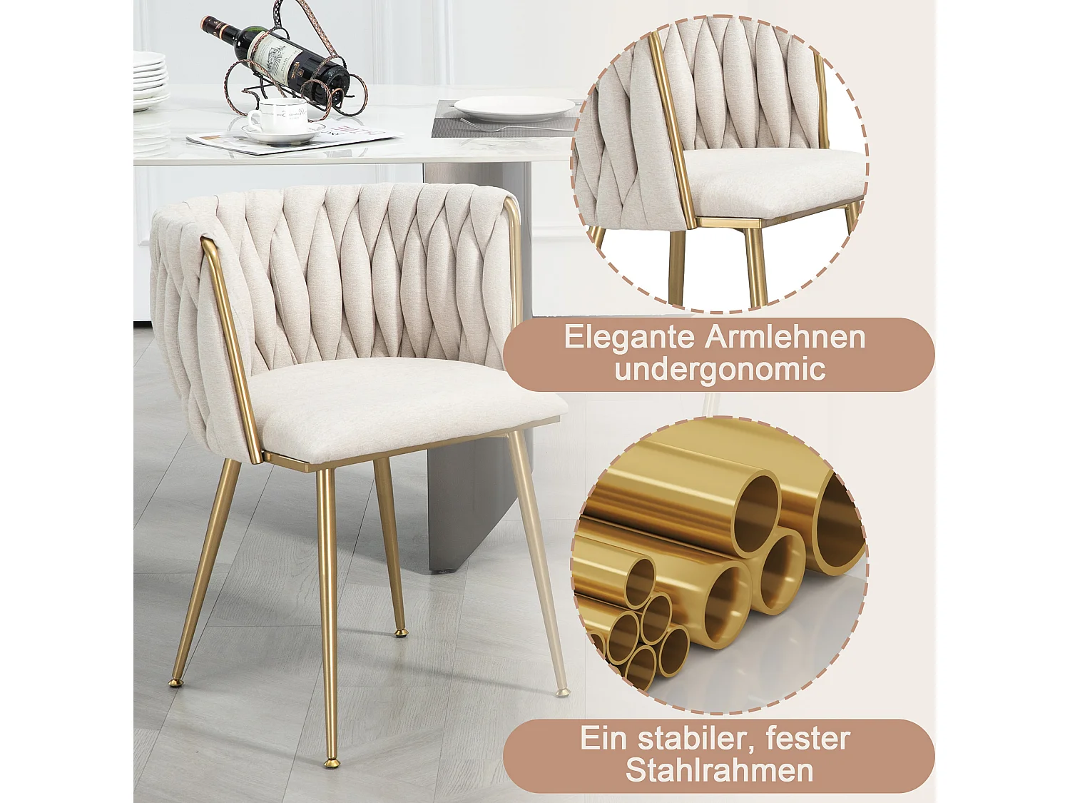 Chaise salle à manger 2pcs lin métal design lounge salon cuisine ELFEINBEIN