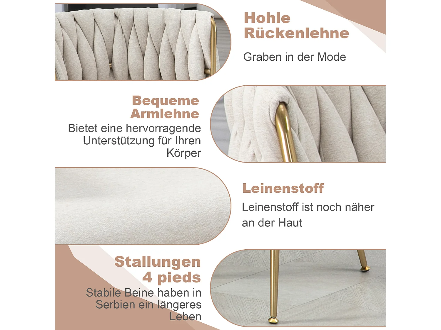 Chaise salle à manger 2pcs lin métal design lounge salon cuisine ELFEINBEIN