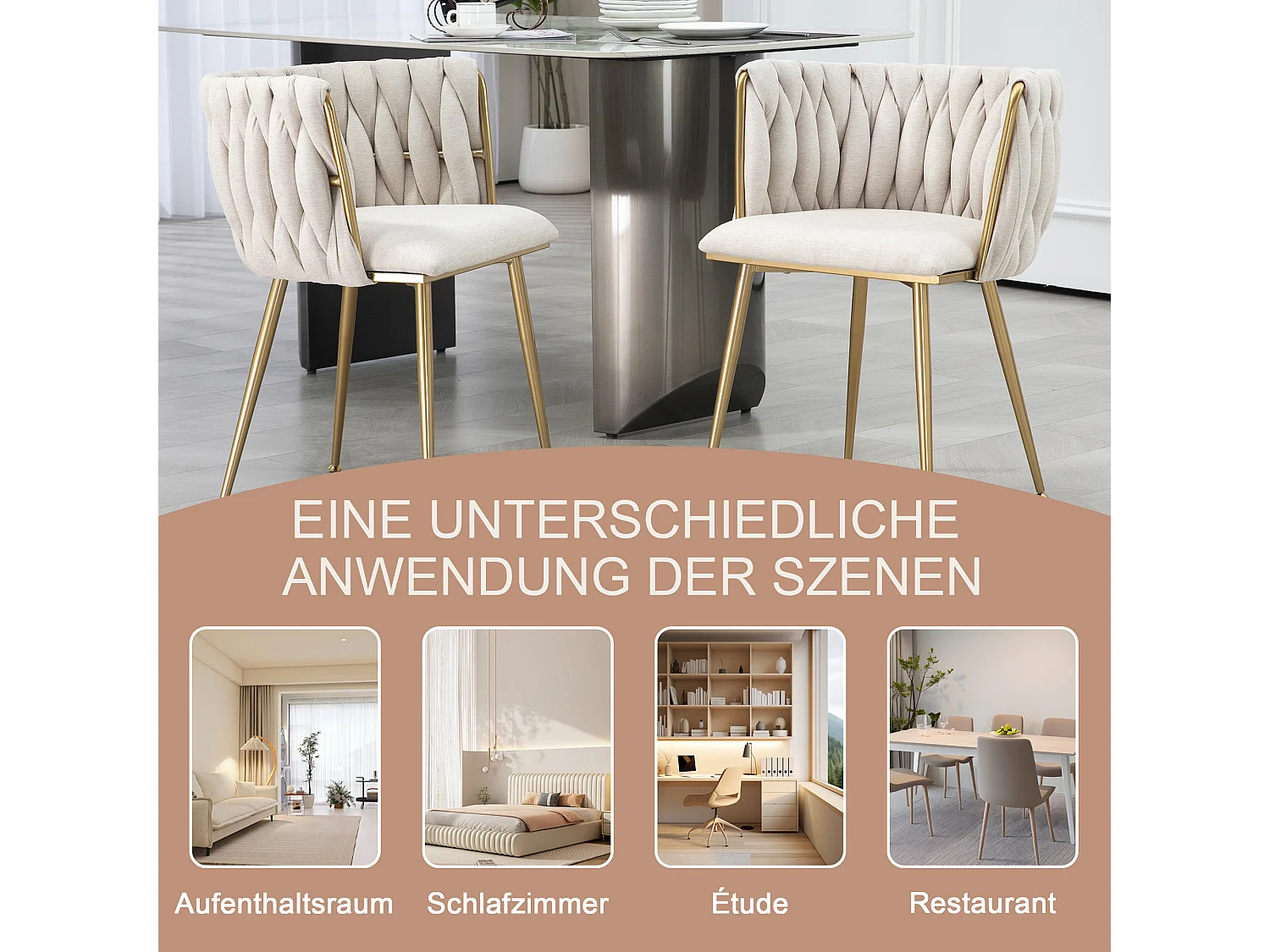 Chaise salle à manger 2pcs lin métal design lounge salon cuisine ELFEINBEIN