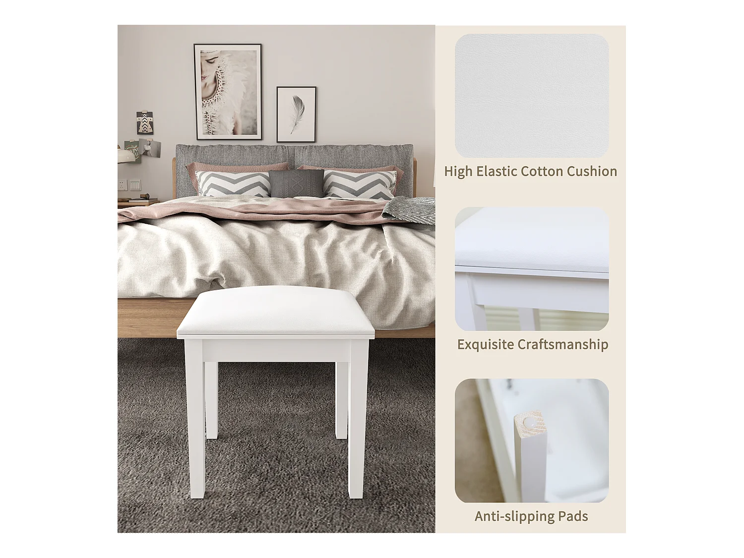 Banqueta quadrada para maquiagem, estofada em PU e esponja de alta elasticidade, para quarto e sala de estar, branca