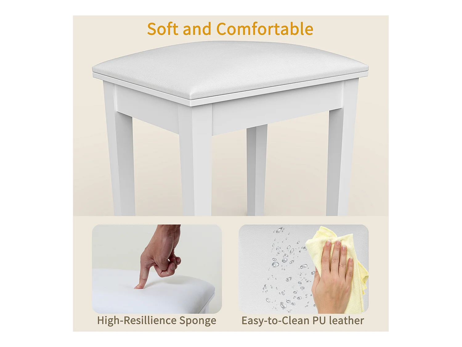 Banqueta quadrada para maquiagem, estofada em PU e esponja de alta elasticidade, para quarto e sala de estar, branca