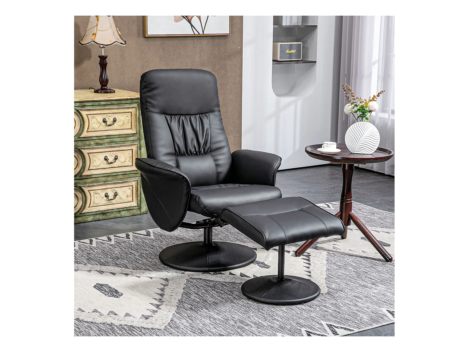 Fauteuil TV relax avec repose-pieds cuir synthétique inclinabile pivotant salon chambre noir