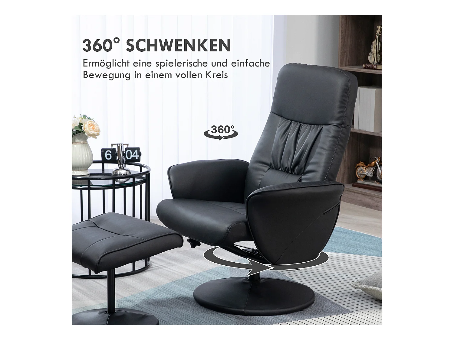 Fauteuil TV relax avec repose-pieds cuir synthétique inclinabile pivotant salon chambre noir