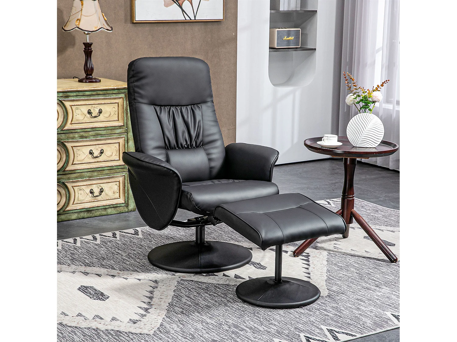 Sillón TV relajante con reposapiés en piel sintética, reclinable, giratorio, salón, dormitorio, color negro