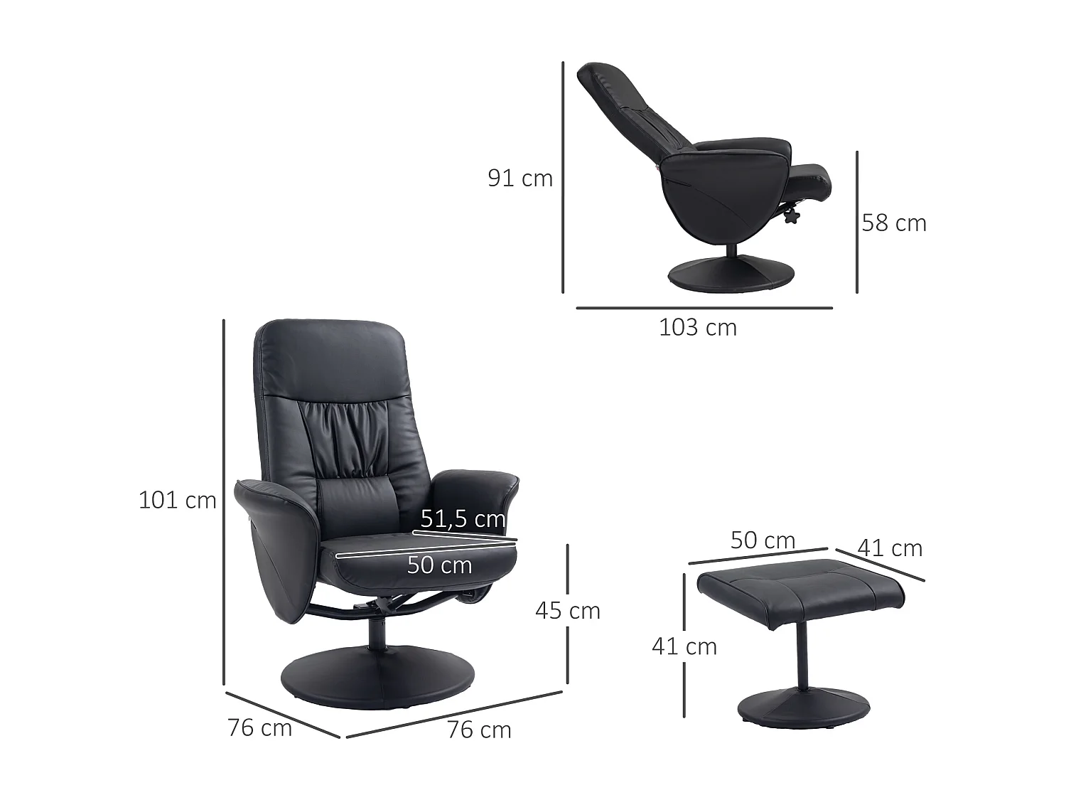 Sillón TV relajante con reposapiés en piel sintética, reclinable, giratorio, salón, dormitorio, color negro