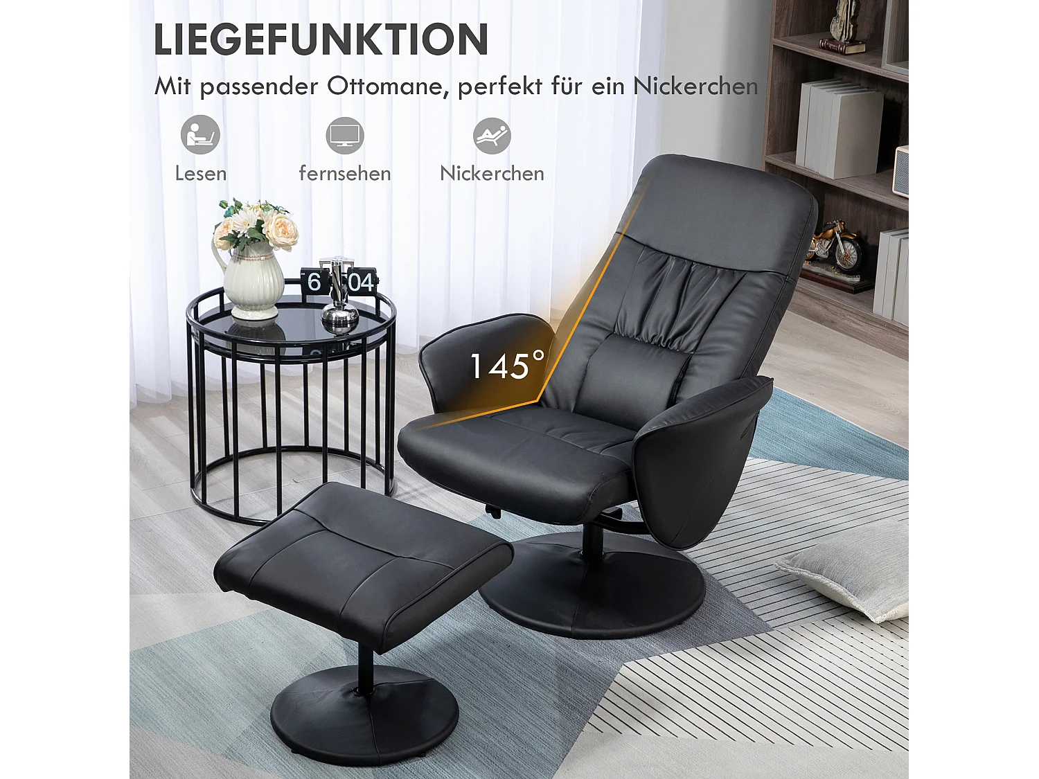 Sillón TV relajante con reposapiés en piel sintética, reclinable, giratorio, salón, dormitorio, color negro