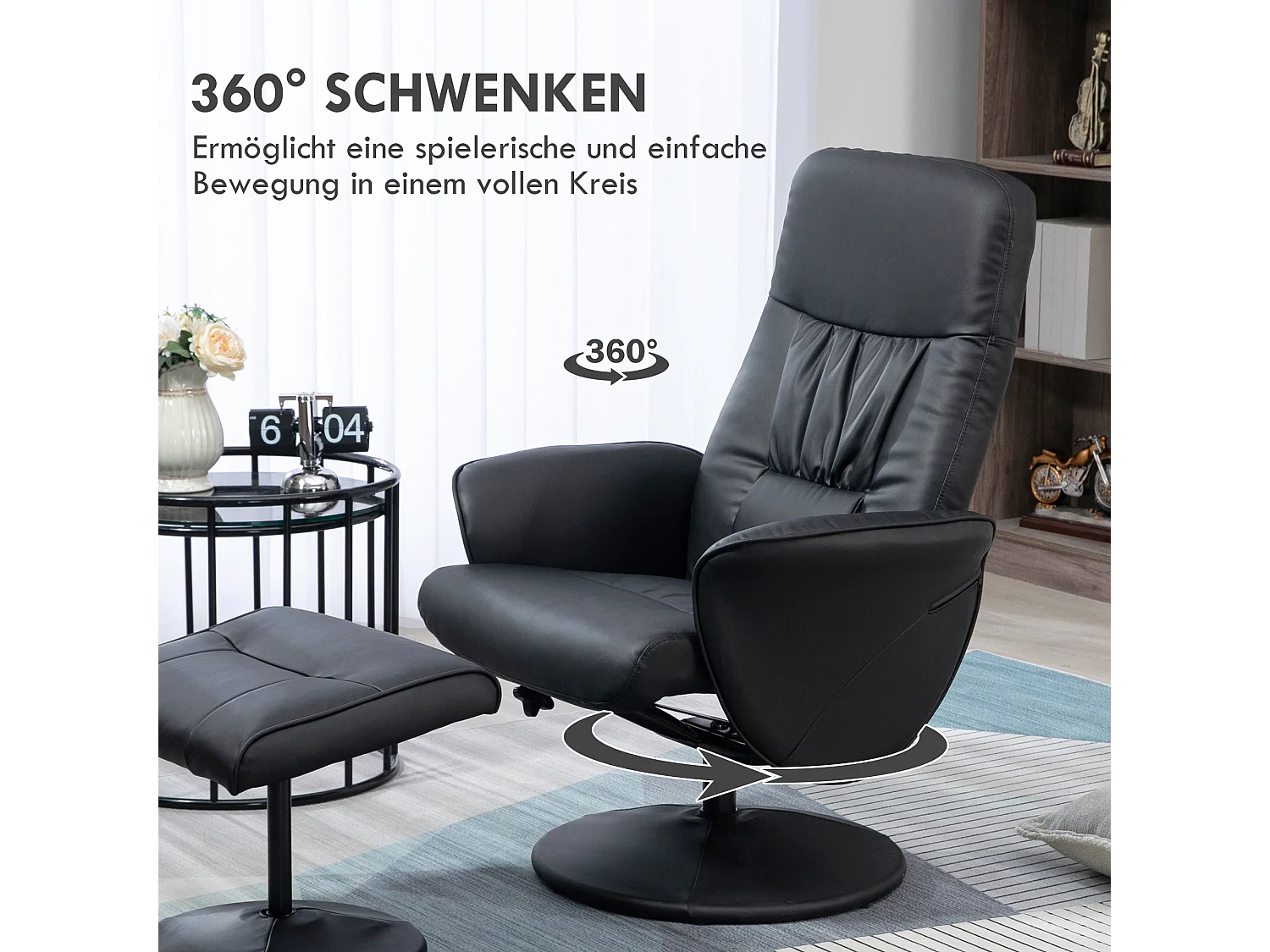 Sillón TV relajante con reposapiés en piel sintética, reclinable, giratorio, salón, dormitorio, color negro