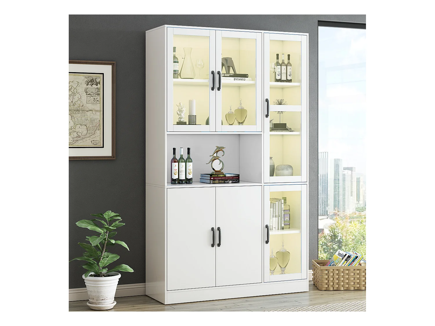 Librería de MDF blanco con iluminación LED de 16 colores, vitrina, almacenaje, 120x40x200cm