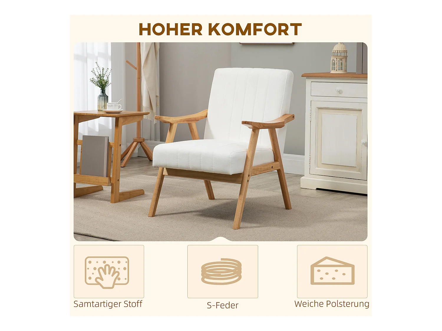 Sillón de terciopelo con reposabrazos estilo escandinavo para salón dormitorio crema 68x74x82cm